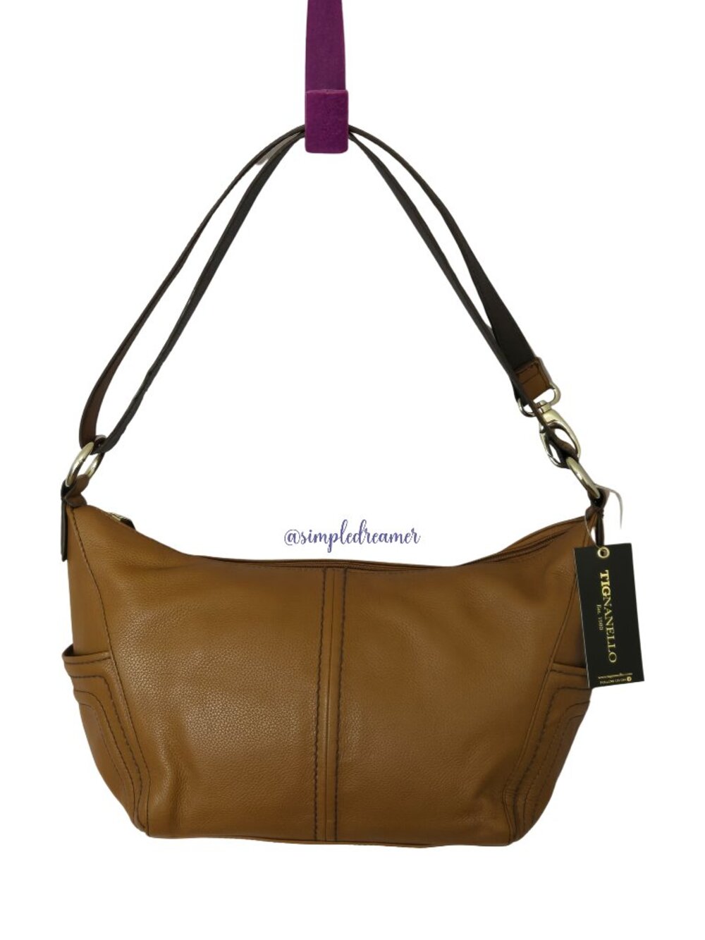 Tignanello Super Stitch Pebble Leather Convertible Shoulder Bag Cognac NWT - Picture 2 of 16